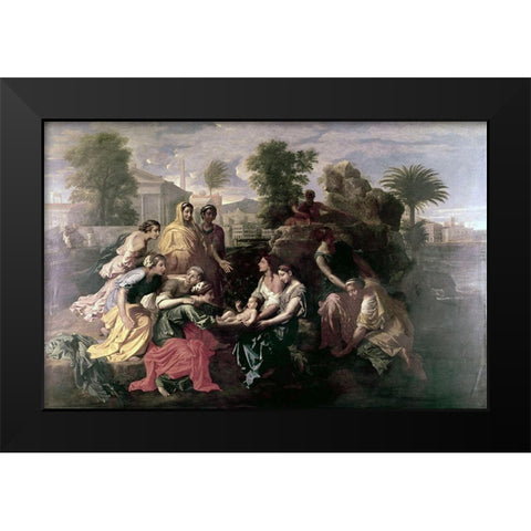 Discovery of Moses Black Modern Wood Framed Art Print by Poussin, Nicolas