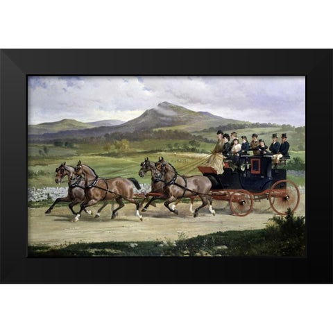 Coach and Four Horses On The Open Road Black Modern Wood Framed Art Print by De Prades, Alfred F.