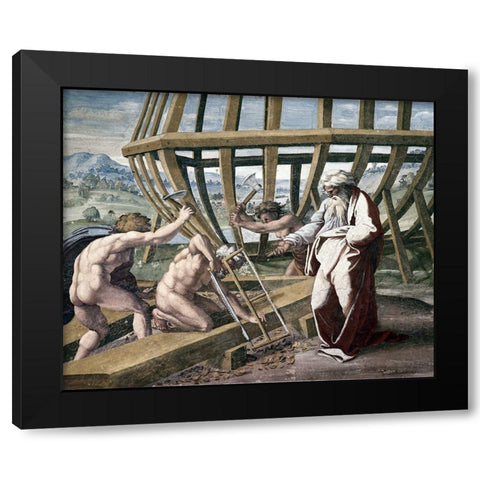 Noah Building The Ark Black Modern Wood Framed Art Print with Double Matting by Raphael