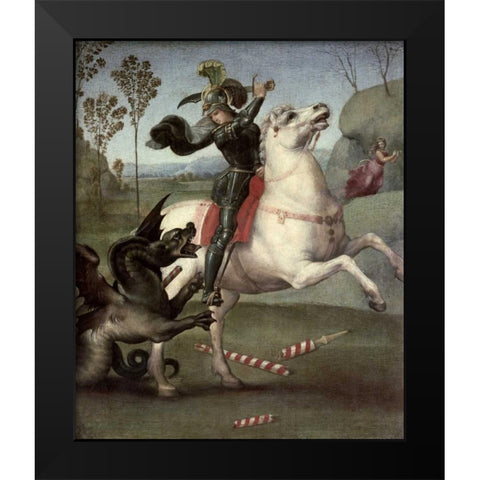St. George Fighting The Dragon Black Modern Wood Framed Art Print by Raphael