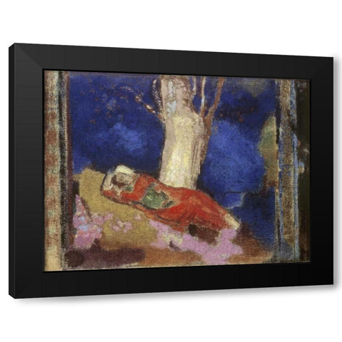 A Woman Lying Under The Tree Black Modern Wood Framed Art Print by Redon, Odilion