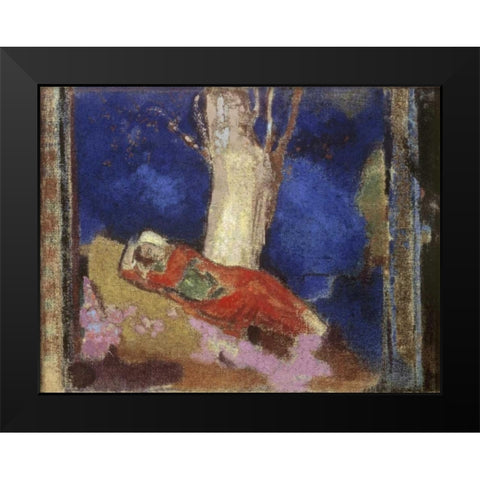 A Woman Lying Under The Tree Black Modern Wood Framed Art Print by Redon, Odilion