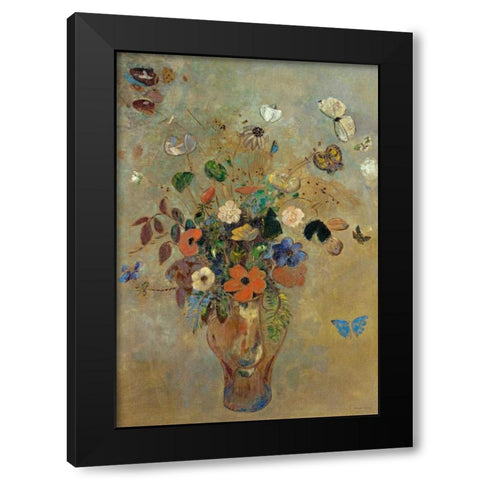 Bouquet of Flowers with Butterflies Black Modern Wood Framed Art Print by Redon, Odilion