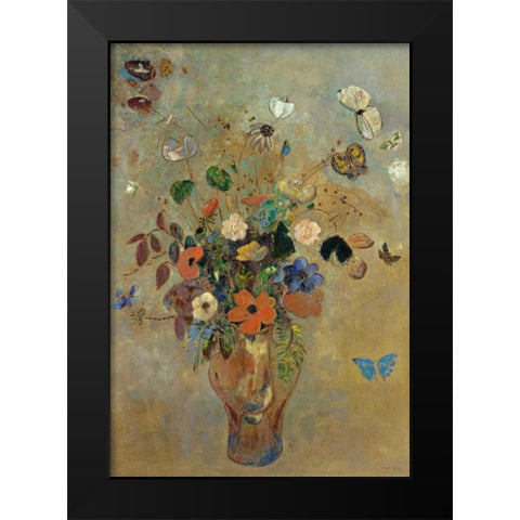 Bouquet of Flowers with Butterflies Black Modern Wood Framed Art Print by Redon, Odilion