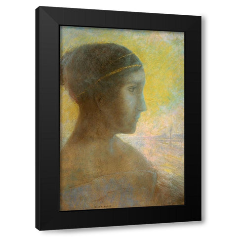 Head of a Young Woman in Profile Black Modern Wood Framed Art Print by Redon, Odilon