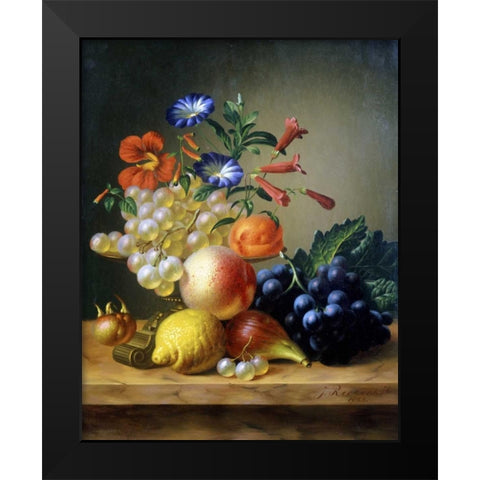 Grapes, a Lemon, a Fig and other Fruit Black Modern Wood Framed Art Print by Reekers, Johannes