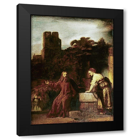 Christ and The Woman of Samaria Black Modern Wood Framed Art Print with Double Matting by Rembrandt Van Rijn,
