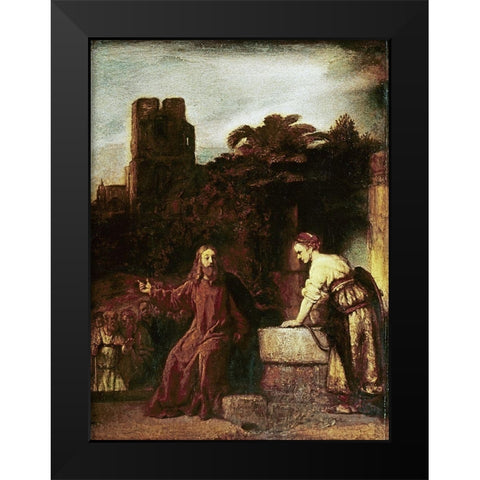 Christ and The Woman of Samaria Black Modern Wood Framed Art Print by Rembrandt Van Rijn,