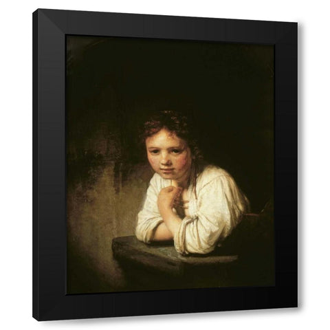 Girl at Window Black Modern Wood Framed Art Print with Double Matting by Van Rijn, Rembrandt
