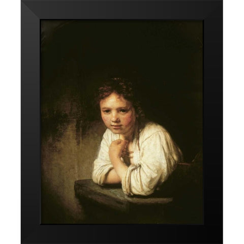 Girl at Window Black Modern Wood Framed Art Print by Van Rijn, Rembrandt