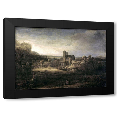 Landscape with a Church Black Modern Wood Framed Art Print by Rembrandt Van Rijn,