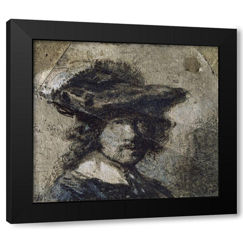 Self Portrait With Cap of Feathers and a Whitecollar - Study Black Modern Wood Framed Art Print by Rembrandt Van Rijn,