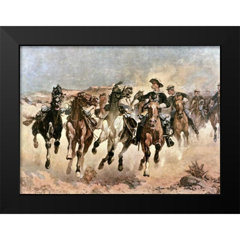 Dismounted: The 4th Troopers Moving Black Modern Wood Framed Art Print by Remington, Frederic