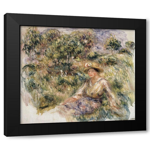 Femme en bleu en chapeau assise sur lherbe Black Modern Wood Framed Art Print by Renoir, Pierre-Auguste