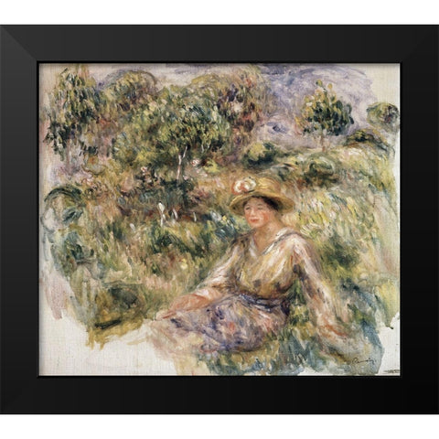 Femme en bleu en chapeau assise sur lherbe Black Modern Wood Framed Art Print by Renoir, Pierre-Auguste