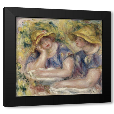 Two Women in Blue Blouses Black Modern Wood Framed Art Print by Renoir, Pierre-Auguste