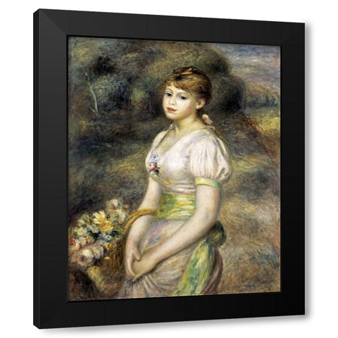 Young Girl Carrying a Basket of Flowers Black Modern Wood Framed Art Print by Renoir, Pierre-Auguste