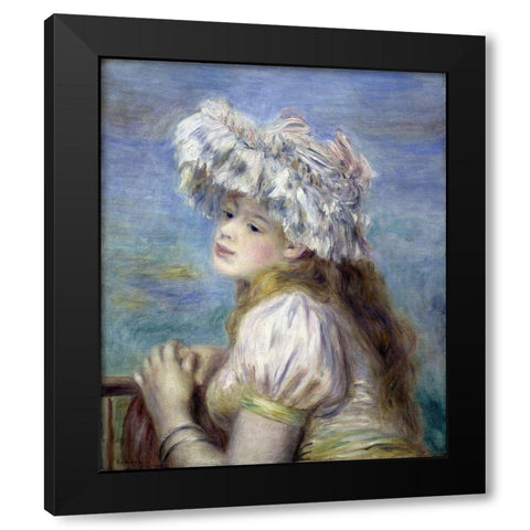 Young Girl in a Lace Hat Black Modern Wood Framed Art Print with Double Matting by Renoir, Pierre-Auguste