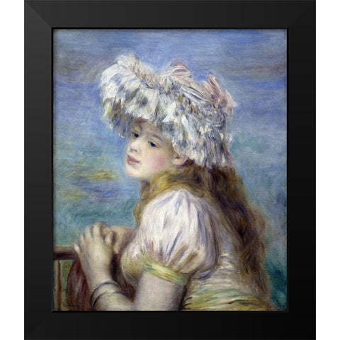 Young Girl in a Lace Hat Black Modern Wood Framed Art Print by Renoir, Pierre-Auguste