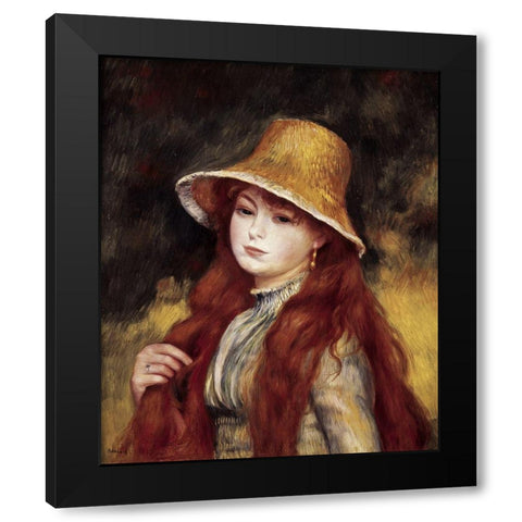 Young Girl in a Straw Hat Black Modern Wood Framed Art Print by Renoir, Pierre-Auguste