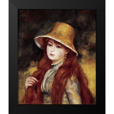 Young Girl in a Straw Hat Black Modern Wood Framed Art Print by Renoir, Pierre-Auguste