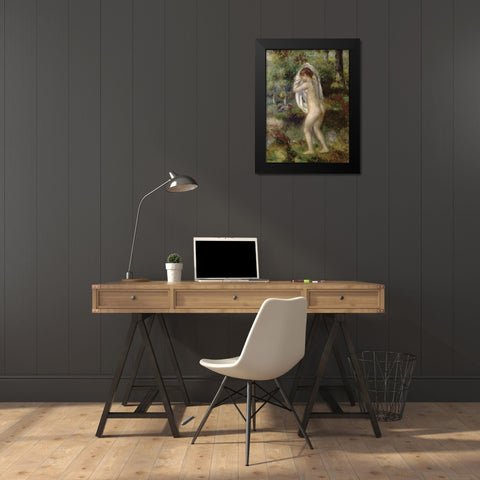 Young Girl Undressing To Bathe In The Forest Black Modern Wood Framed Art Print by Renoir, Pierre-Auguste