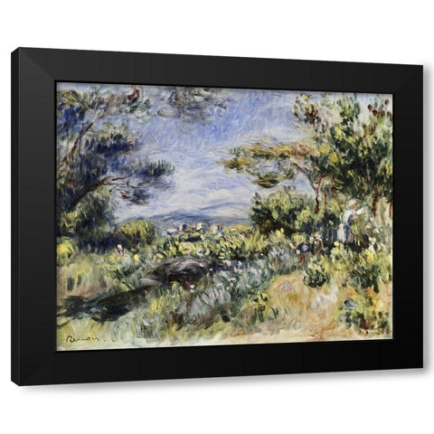 Young Woman in the Landscape Black Modern Wood Framed Art Print by Renoir, Pierre-Auguste