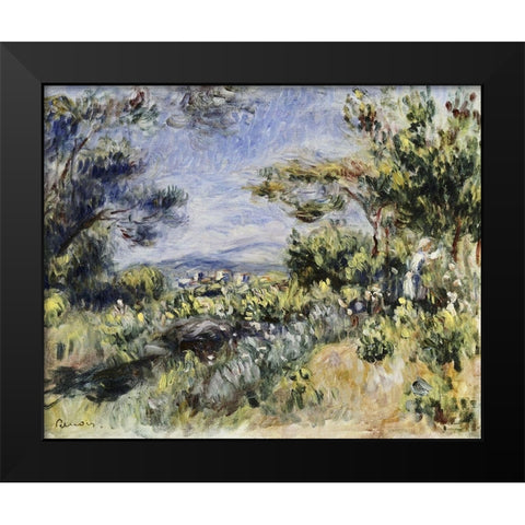 Young Woman in the Landscape Black Modern Wood Framed Art Print by Renoir, Pierre-Auguste