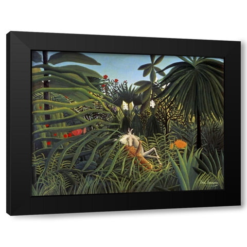 Jaguar Attacking a Horse Black Modern Wood Framed Art Print by Rousseau, Henri