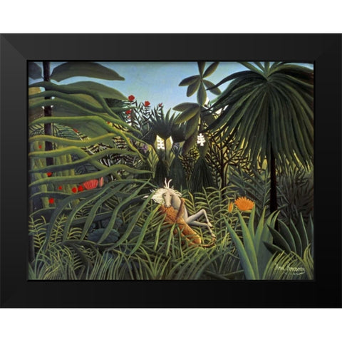 Jaguar Attacking a Horse Black Modern Wood Framed Art Print by Rousseau, Henri