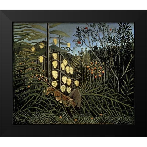 Tropical Forest: Battling Tiger and Bull Black Modern Wood Framed Art Print by Rousseau, Henri
