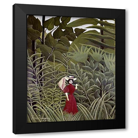 Woman with an Umbrella in an Exotic Forest Black Modern Wood Framed Art Print with Double Matting by Rousseau, Henri
