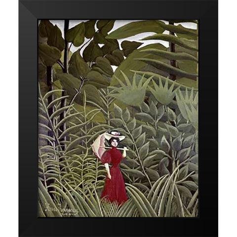 Woman with an Umbrella in an Exotic Forest Black Modern Wood Framed Art Print by Rousseau, Henri