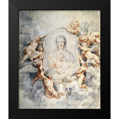 Image of the Virgin Portrayed with Angels Black Modern Wood Framed Art Print by Rubens, Peter Paul