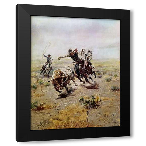 Cowboy Roping a Steer Black Modern Wood Framed Art Print with Double Matting by Russell, Charles