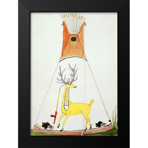 Teepee With Large Yellow Deer and Small Buffalo Black Modern Wood Framed Art Print by Silverhorn