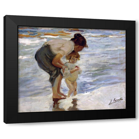 At the Beach - En la Playa Black Modern Wood Framed Art Print by Bastida, Joaquin Sorrolla