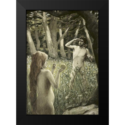 Adam Tempted by Eve Black Modern Wood Framed Art Print by Tissot, James Jacques