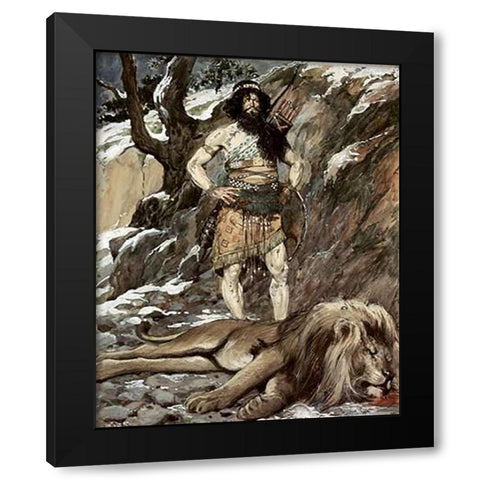 Benaiah, Who Slew The Lion Black Modern Wood Framed Art Print by Tissot, James