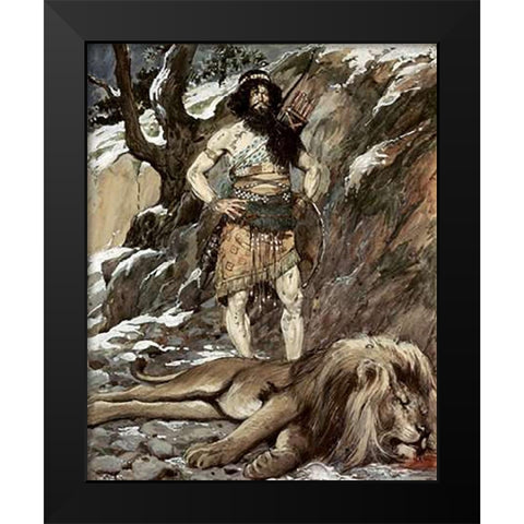 Benaiah, Who Slew The Lion Black Modern Wood Framed Art Print by Tissot, James
