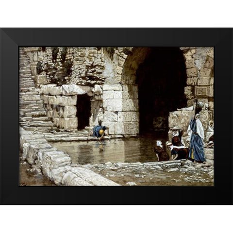 Blind Man Washes In The Pool of Siloam Black Modern Wood Framed Art Print by Tissot, James Jacques