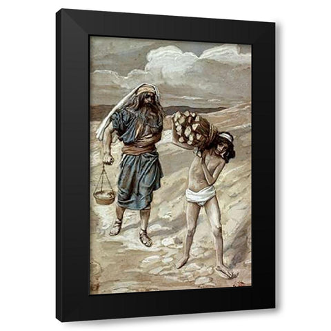 Isaac Bears The Wood For His Sacrifice Black Modern Wood Framed Art Print with Double Matting by Tissot, James