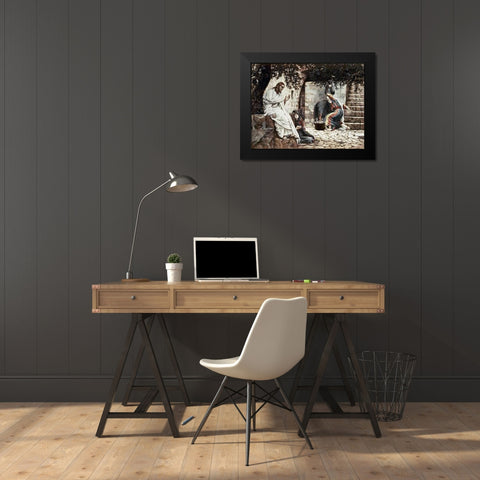 Magdalene at The Feet of Jesus Black Modern Wood Framed Art Print by Tissot, James