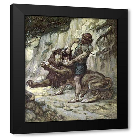 Samson Kills a Young Lion Black Modern Wood Framed Art Print by Tissot, James