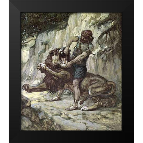Samson Kills a Young Lion Black Modern Wood Framed Art Print by Tissot, James