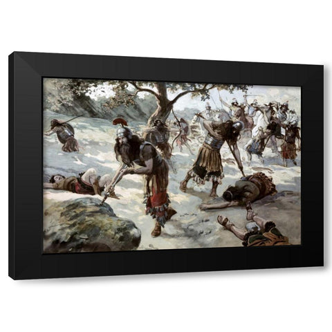 Saul Falls Upon His Sword Black Modern Wood Framed Art Print with Double Matting by Tissot, James Jacques