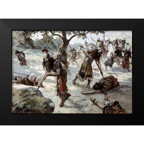 Saul Falls Upon His Sword Black Modern Wood Framed Art Print by Tissot, James Jacques