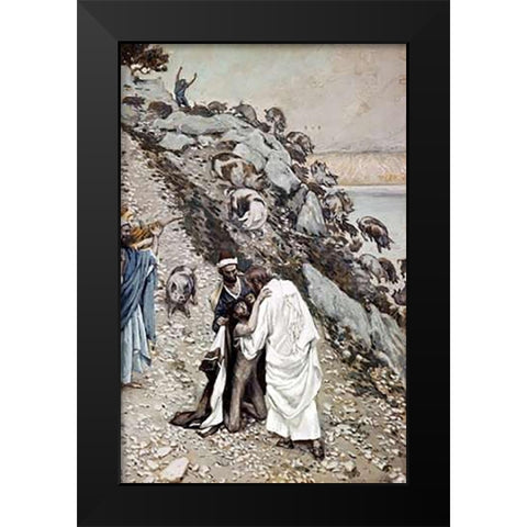 Swine Driven Into The Sea Black Modern Wood Framed Art Print by Tissot, James