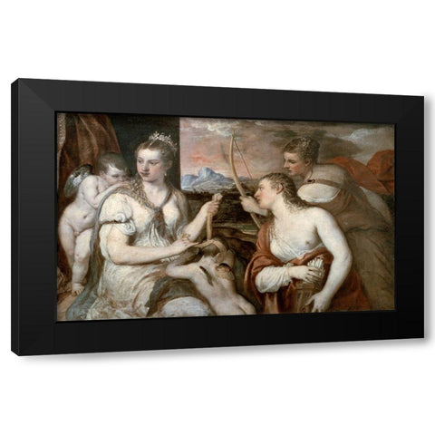 Venus Blindfolding Cupid Black Modern Wood Framed Art Print by Titian