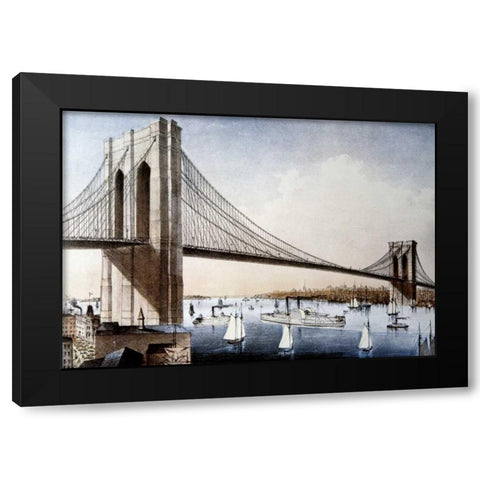 Brooklyn Bridge, New York City Black Modern Wood Framed Art Print with Double Matting by Unknown